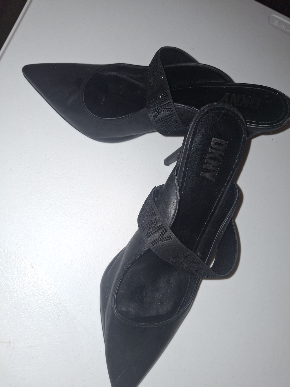 DKNY Black Pointed Toe Slip-On Mules with Embellished Strap